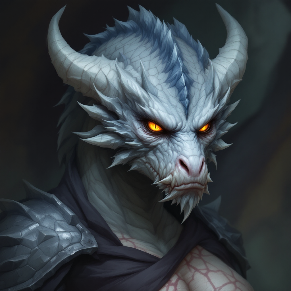 The DnD Monster is a menacing creature that represents a threat. DnD Monster. Grey Female monster , with chest plate apparel Kind grey dragon with scar down her shoulder large- Golden eyes, . Dungeons and dragons monster concept portrait, intricate, elegant, highly detailed, digital painting, artstation, concept art, smooth, sharp focus, illustration, art by stable diffusion ai's favorite artists