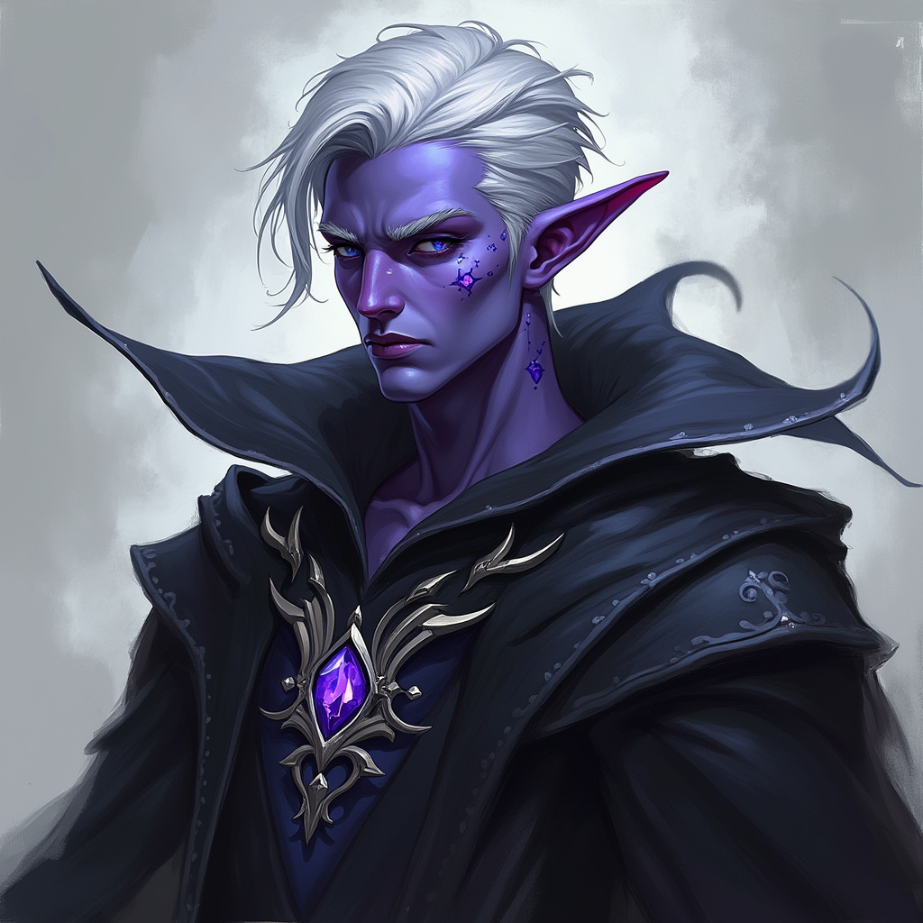 Dungeons and dragons character concept portrait. Male Sorcerer, Drow race, The drow, or dark elf, is a slender figure, with dark gray to nearly black skin. Their hair is stark white or pale silver, contrasting sharply with their skin. Drow have sharp, angular features, and vibrant eyes and angular eyes. They wear dark, elegant clothing with intricate details reflecting their underground and mysterious origins red dragon sorcerer, robe, purple skin, D&D, with tattoos on face, with short hair, , intricate, elegant, highly detailed, digital painting, artstation, concept art, smooth, sharp focus, illustration, art by stable diffusion ai's favorite artists