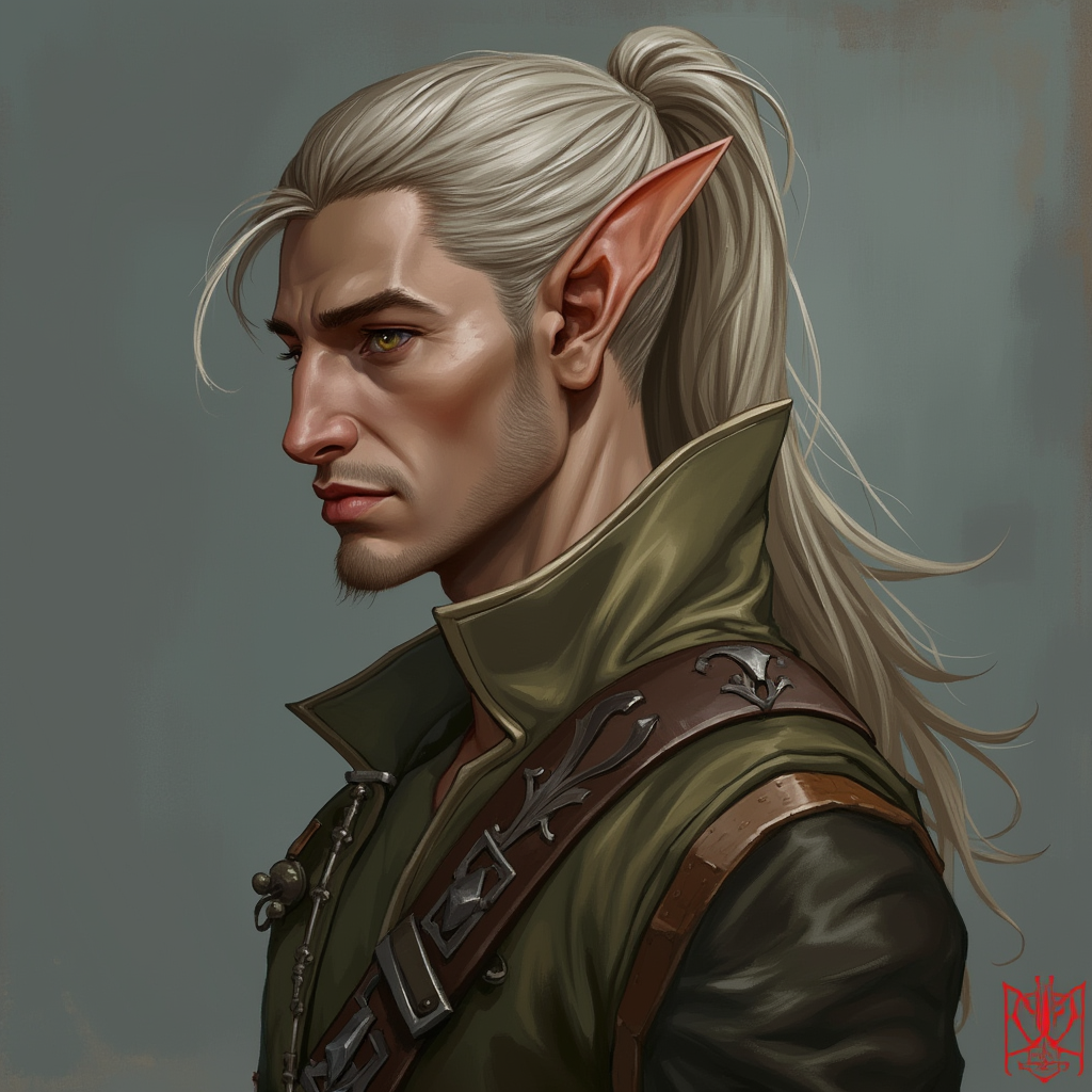 Dungeons and dragons character concept portrait. Male Rogue, Elf race, The elf is a slender, athletic figure, standing about the same height as a human. Elves have bright eyes. Elves have angular features and angular eyes. Their hair long with loose hairstyle , intricate, elegant, highly detailed, digital painting, artstation, concept art, smooth, sharp focus, illustration, art by stable diffusion ai's favorite artists