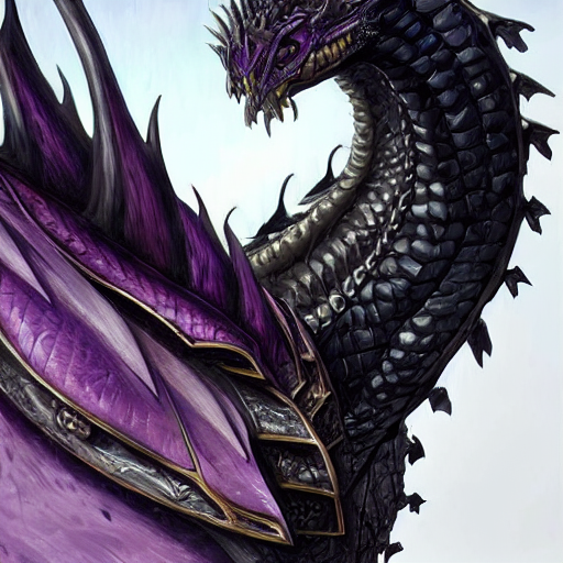 A portrait showing the  head of a dragon with Black scales, Purple-eyed dragon, with long neck in the shape of an S, dragon with Purple eyes, western dragon,  intricate, elegant, highly detailed, digital painting, artstation, concept art, smooth, sharp focus, illustration, epic fantasy, epic professional digital art by greg rutkowski