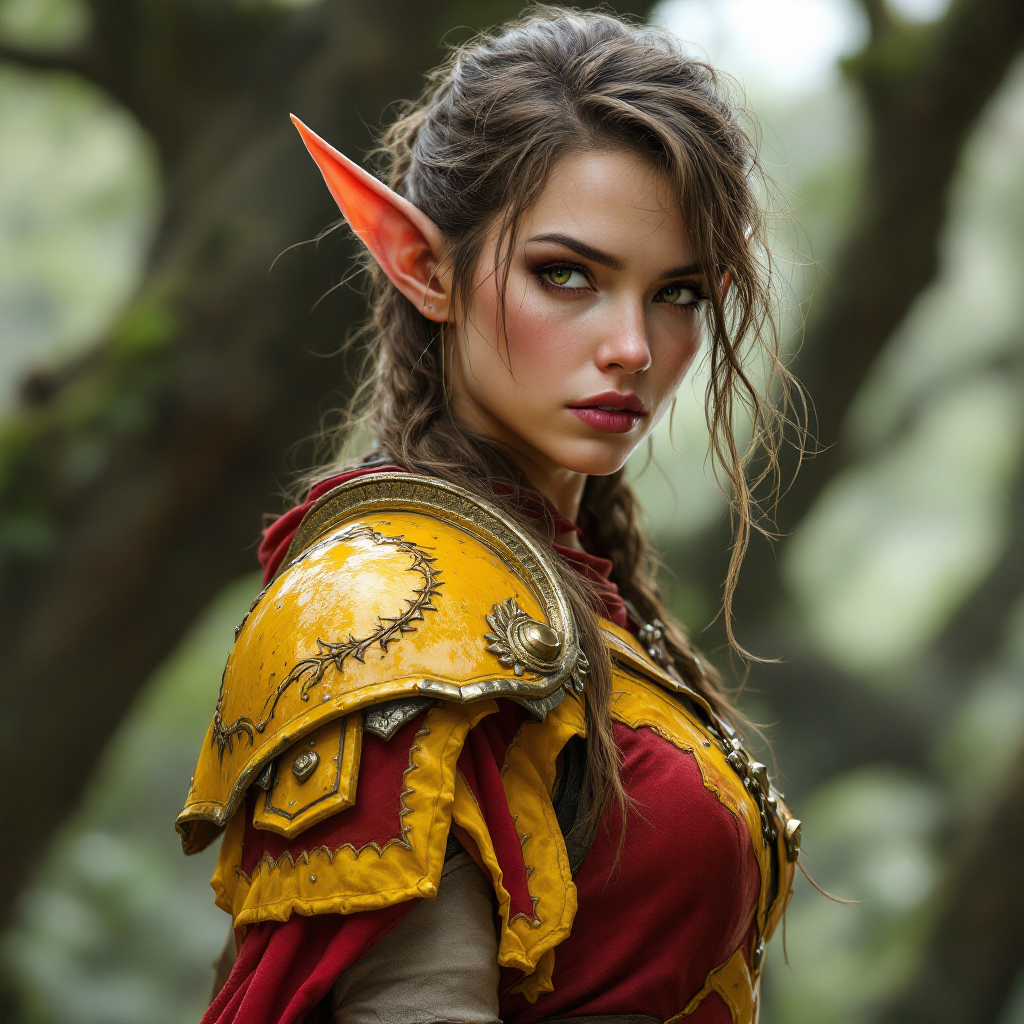 Dungeons and dragons character concept portrait. Female Fighter, Elf race, The elf is a slender, athletic figure, standing about the same height as a human. Elves have bright eyes. Elves have angular features and angular eyes. Their hair long with loose hairstyle elf guard in red and yellow plate armor, , dnd photography, dnd live action, realistic dnd portrait, medium shot portrait, highly detailed, dynamic shot, 4k photo