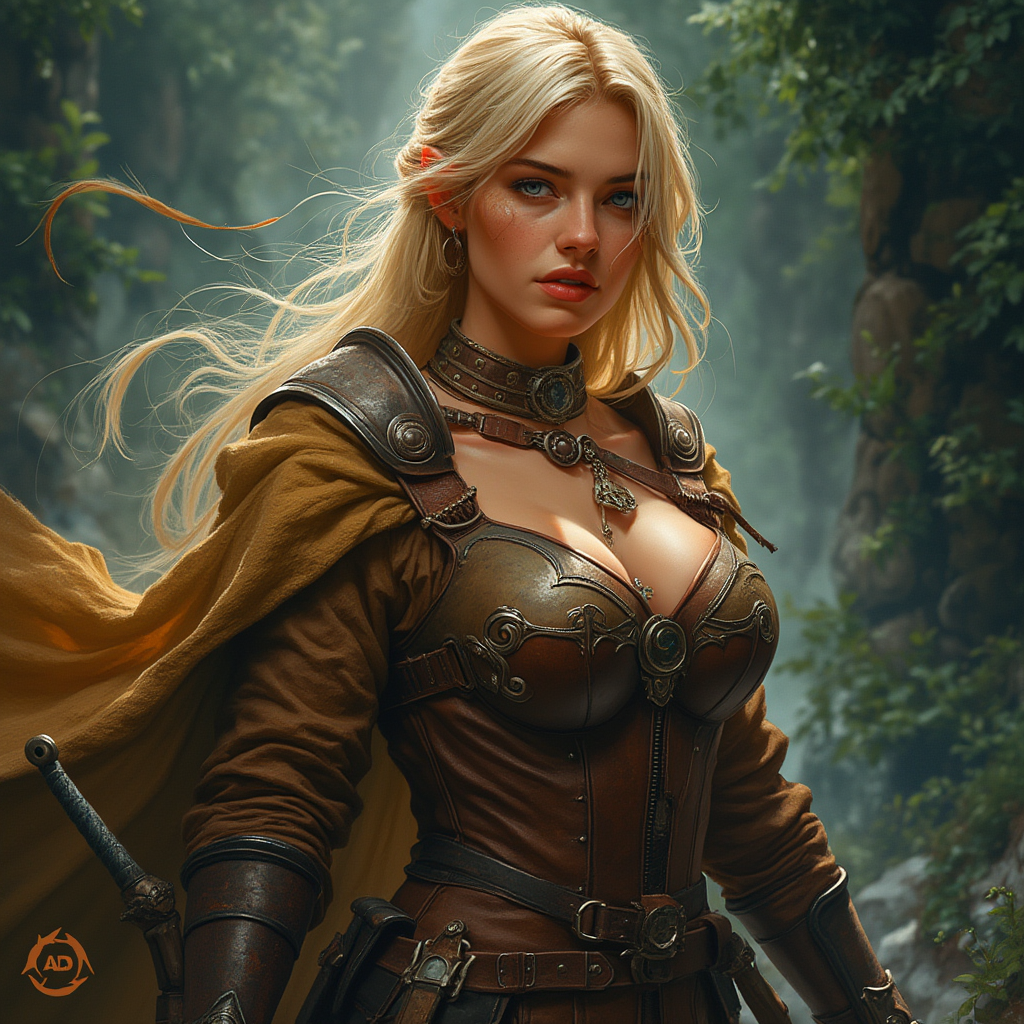 Dungeons and dragons character concept portrait. Female Fighter, Human race, Normal human anatomy and human face, non-fantasy features. Humans have strong jawline and rounded face features, with rounded eyes Mercenary, with blonde hair, sexy, nice, with big breasts, , dnd photography, dnd live action, realistic dnd portrait, medium shot portrait, highly detailed, dynamic shot, 4k photo