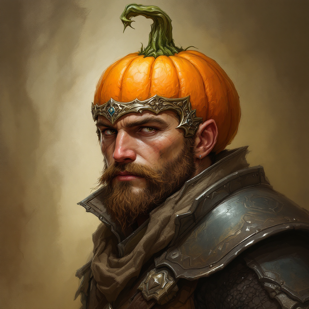 Dungeons and dragons character concept portrait. Male Fighter, Human race, Normal human anatomy and human face, non-fantasy features. Humans have strong jawline and rounded face features, with rounded eyes harvester farmer with a pumpkin head with armor and sword and is tall, , intricate, elegant, highly detailed, digital painting, artstation, concept art, smooth, sharp focus, illustration, art by stable diffusion ai's favorite artists