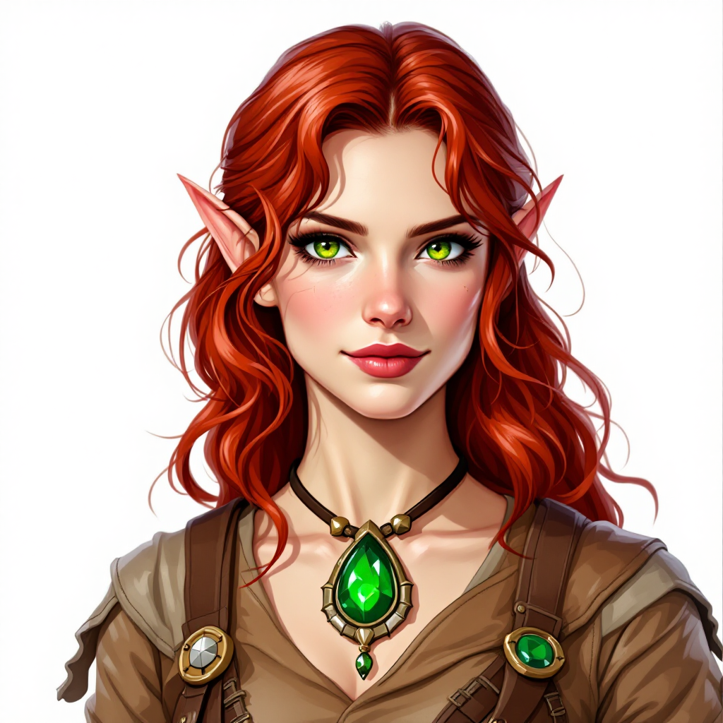 Dungeons and dragons character concept portrait. Female Ranger, Half-Elf race, The half-elf is a tall, slender figure. They have a graceful appearance with high cheekbones. Their eyes are typically vibrant and round like human eyes 23 years old. Eyes are bright green with flecks of gold. Skin is pale, silver-white. Hair is dark red, wavy and shiny. Leather ranger armor. Wears a green amulet necklace., , dnd hand drawing, dnd drawing portrait, dnd character drawing, highly detailed hand drawing, high quality character drawing, colored drawing, colorful drawing, light background, solid background