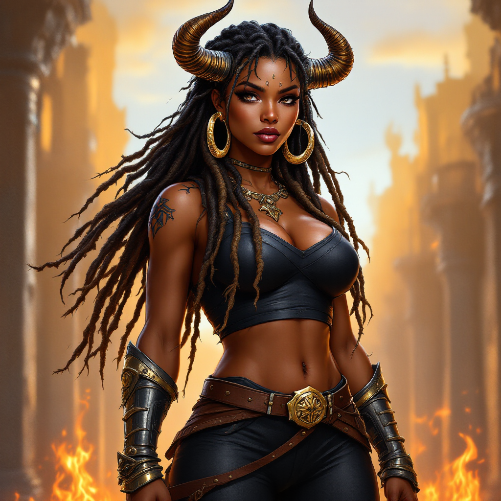 Dungeons and dragons character concept portrait. Female Barbarian, Human race, Normal human anatomy and human face, non-fantasy features. Humans have strong jawline and rounded face features, with rounded eyes A powerful and curvaceous dark-skinned woman with dark golden dreadlocks adorned with metal accents and large curved horns, stands confidently. Her age appears to be mid-20s, exhibiting a strong, muscular physique with intricate tribal tattoos. She wears a black crop top and dark pants, a brown leather belt, and metallic arm armor. Her face features prominent cheekbones, dark eyes, and a determined expression. Gold hoop earrings and a decorative necklace further enhance her appearance. The setting is a detailed architectural background, with a warm, orange-toned sky suggesting either sunrise or sunset. Fiery flames flicker in the foreground, adding a touch of danger and dynamism. The overall composition is a mix of fantasy and heroic elements, with a dynamic perspective and a focus on detail, evoking a sense of strength and adventure. The art style could be described as a combination of fantasy illustration and anime-inspired design, creating a vivid and compelling aesthetic., , dnd hand drawing, dnd drawing portrait, dnd character drawing, highly detailed hand drawing, high quality character drawing, colored drawing, colorful drawing, light background, solid background