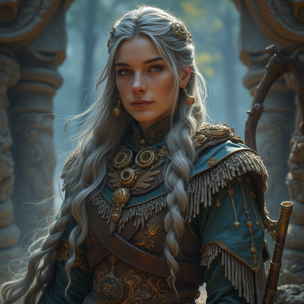 Dungeons and dragons character concept portrait. Female Wizard, Dwarf race, The dwarf is a short and broad figure. Dwarves have long hair. Dwarves have rounded face features. Their clothing and gear are decorated with bold geometric designs, gems, and ancestral faces Female dwarf wizard wearing fancy clothes and a grey beard, , dnd photography, dnd live action, realistic dnd portrait, medium shot portrait, highly detailed, dynamic shot, 4k photo
