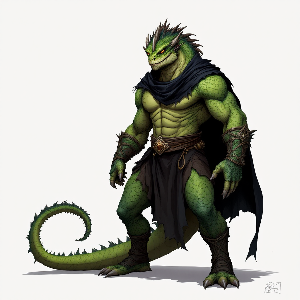 Dungeons and dragons character concept portrait. Male Fighter, Dragonborn race, The dragonborn is a tall and muscular humanoid, covered in fine, leather scales with larger scales on their forearms, legs, shoulders, and thighs. They have clawed hands and feet with three fingers and a thumb. Their face has a blunt snout, strong brow, and frills near the cheeks and ears. A crest of horn-like scales runs down the back of their head, resembling thick, ropy hair. Their eyes are red or gold He has the appearance of a green chameleon Lizard-folk. He wears the Cloak of Arachnida: A fine garment made of black silk interwoven with faint silvery threads, and under the cloak he wears common clothes . He is wielding A Sun Blade: a sword with a silver hilt and a blade of pure golden-white radiance that is thin as a wire. He has green eyes and a 1 single horn centered on his forehead., with green skin, , tech dnd character portrait, dnd tech character, highly detailed, high quality tech character, with technology elements, sci-fi dnd character