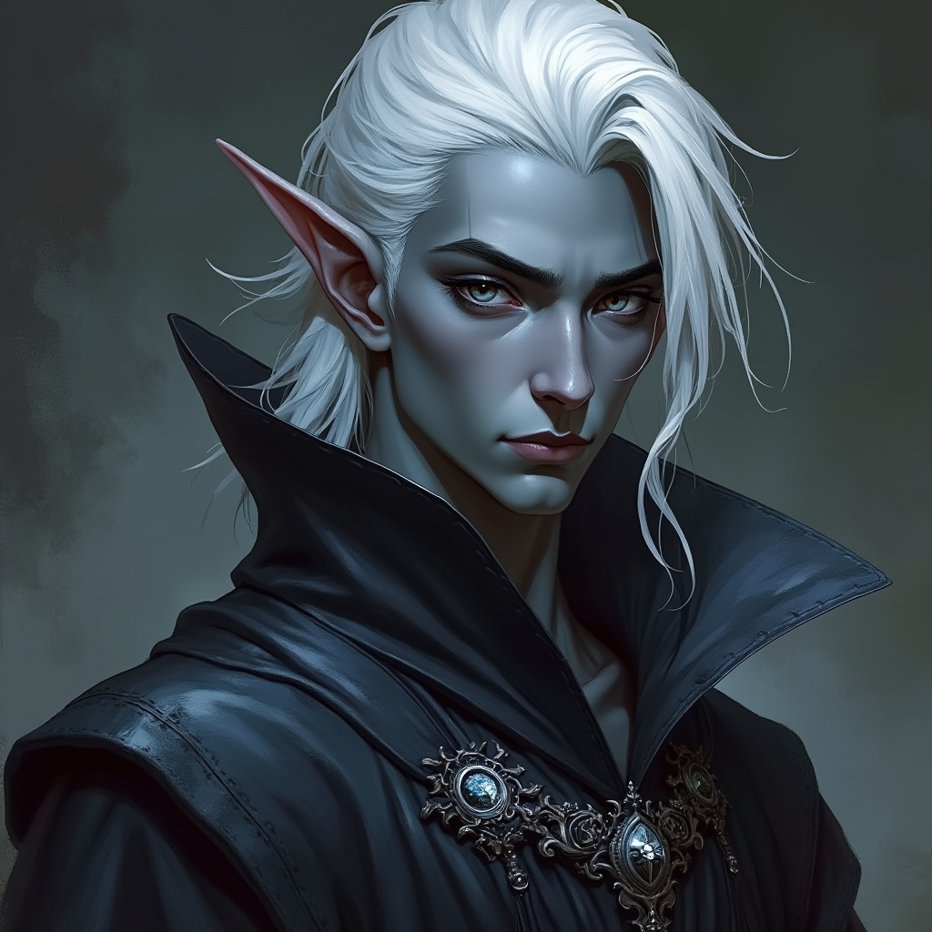 Dungeons and dragons character concept portrait. Male Sorcerer, Drow race, The drow, or dark elf, is a slender figure, with dark gray to nearly black skin. Their hair is stark white or pale silver, contrasting sharply with their skin. Drow have sharp, angular features, and vibrant eyes and angular eyes. They wear dark, elegant clothing with intricate details reflecting their underground and mysterious origins with robe, with short hair, , intricate, elegant, highly detailed, digital painting, artstation, concept art, smooth, sharp focus, illustration, art by stable diffusion ai's favorite artists