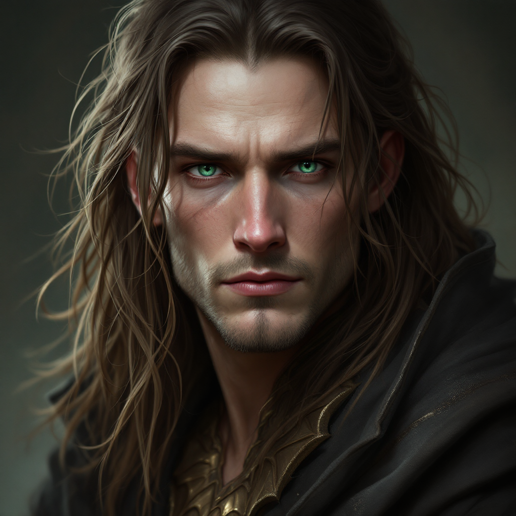 Dungeons and dragons character concept portrait. Male Sorcerer, Human race, Normal human anatomy and human face, non-fantasy features. Humans have strong jawline and rounded face features, with rounded eyes with long hair, with green eyes, with pale skin, with a few bronze scales on his neck, , intricate, elegant, highly detailed, digital painting, artstation, concept art, smooth, sharp focus, illustration, art by stable diffusion ai's favorite artists