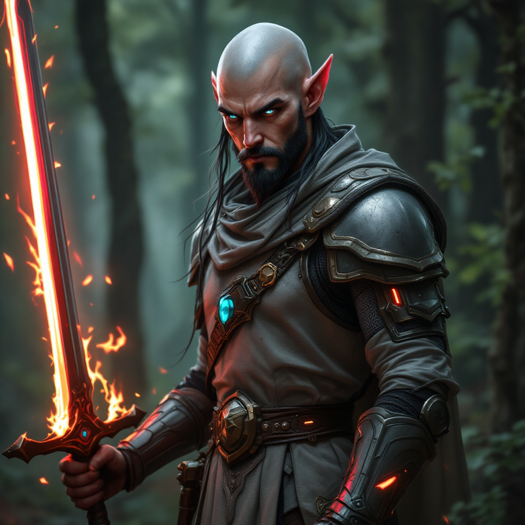 Dungeons and dragons character concept portrait. Male Paladin, Elf race, The elf is a slender, athletic figure, standing about the same height as a human. Elves have bright eyes. Elves have angular features and angular eyes. Their hair long with loose hairstyle Red skin, 5 feat tall,  bald head, blue pupils, short black beard, grey armor, wielding a two handed sword, standing in a forest, , dnd photography, realistic dnd portrait, high-tech character, cyberpunk dnd character, cyberpunk tech elements, cyberpunk neon accent, tech apparel, tech armor, tech weapons, tech clothing, tech lighting, sci-fi dnd character, medium shot portrait, highly detailed, dynamic shot, 4k photo