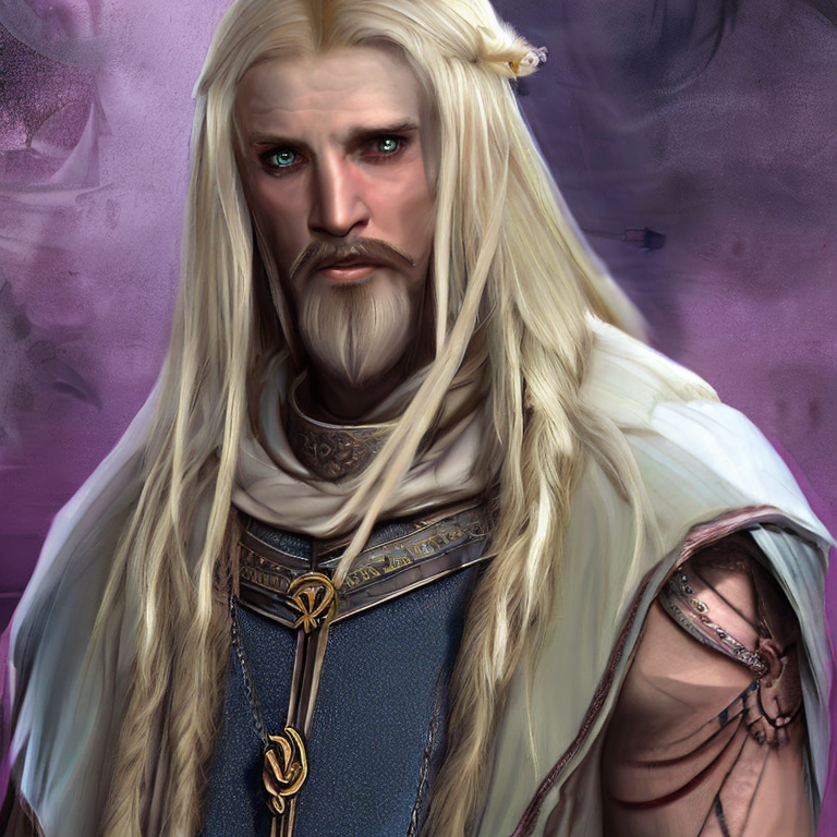 GURPS character concept portrait. Male Cleric, Human race,  Blonde Long Hair , Cleric Vestments ,chain Shirt , a long sword, holy symbol ,a missing Ring finger on right hand, religious Tattoos, with a hood  ,  intricate, elegant, highly detailed, digital painting, artstation, concept art, smooth, sharp focus, illustration, art by stable diffusion ai's favorite artists