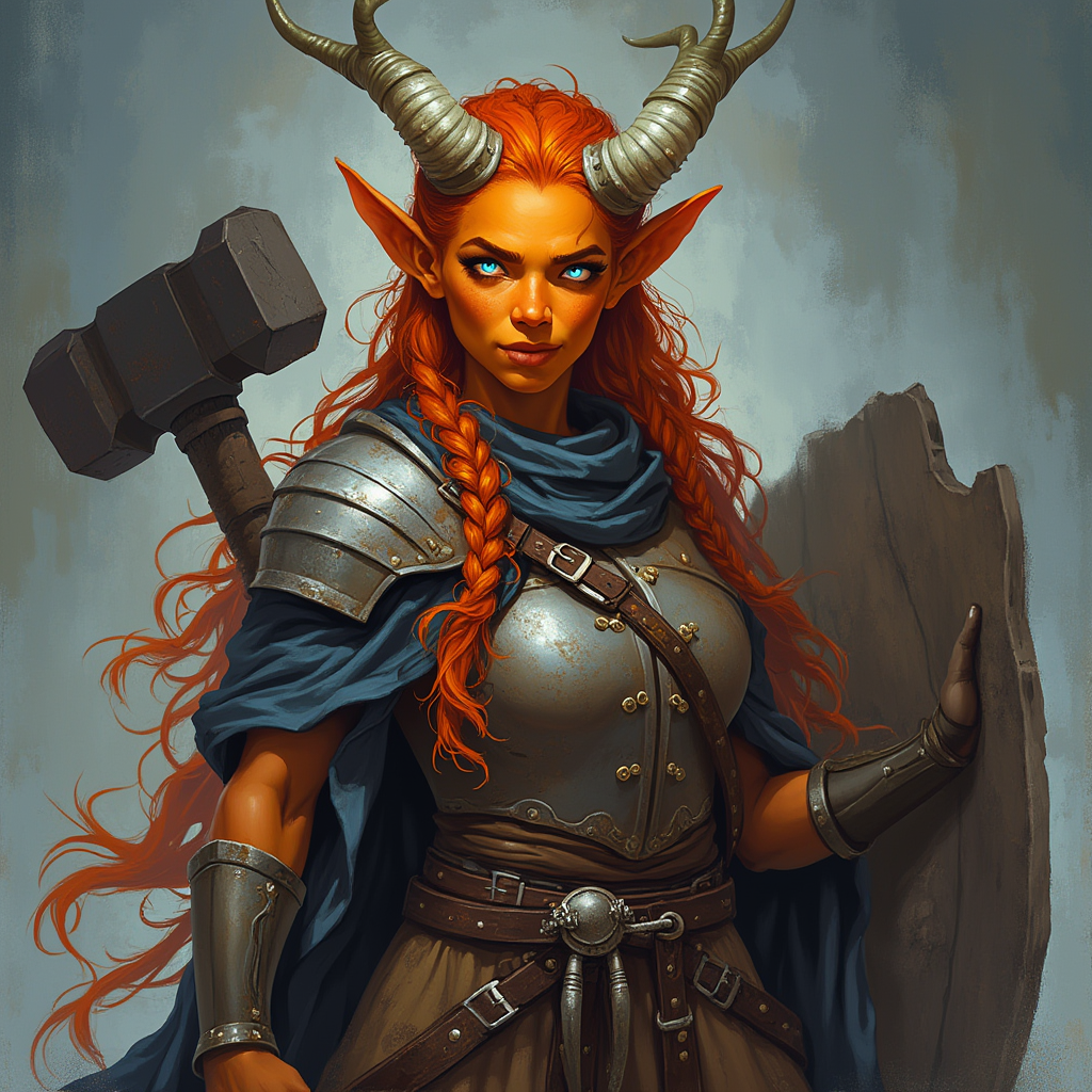 Dungeons and dragons character concept portrait. Female Paladin, Tiefling race, The tiefling is a tall and striking figure with a lean and muscular build. Sharp horns that grow amidst the hairline. Tieflings have glowing eyes which give them an otherworldly appearance. Tieflings favor bold clothing incorporating dark colors and intricate patterns Tiefling female, orange-gold skin,  fire red wavy hair tied up in messy braids, bright blue-white fiery eyes, light colored multi-tipped antler-like natural horns grow from her head, a large hammer and a carved wooden shield on her back, muscular and stocky, dressed simply as a blacksmith, NO armor, friendly smile, offering a blanket and food, , intricate, elegant, highly detailed, digital painting, artstation, concept art, smooth, sharp focus, illustration, art by stable diffusion ai's favorite artists