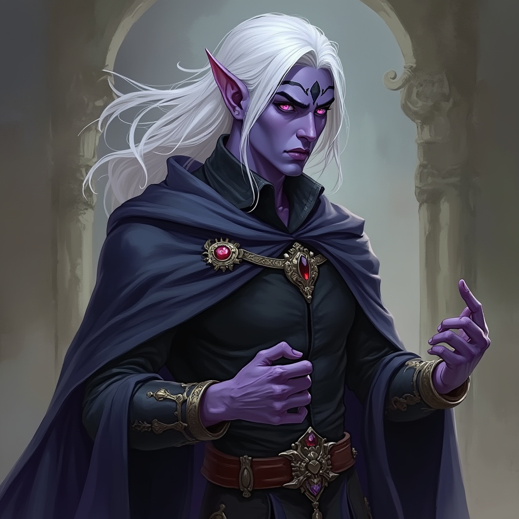 Dungeons and dragons character concept portrait. Male Sorcerer, Drow race, The drow, or dark elf, is a slender figure, with dark gray to nearly black skin. Their hair is stark white or pale silver, contrasting sharply with their skin. Drow have sharp, angular features, and vibrant eyes and angular eyes. They wear dark, elegant clothing with intricate details reflecting their underground and mysterious origins red dragon sorcerer, robe, purple skin, D&D, with tattoos on face, with mid-length hair, , intricate, elegant, highly detailed, digital painting, artstation, concept art, smooth, sharp focus, illustration, art by stable diffusion ai's favorite artists