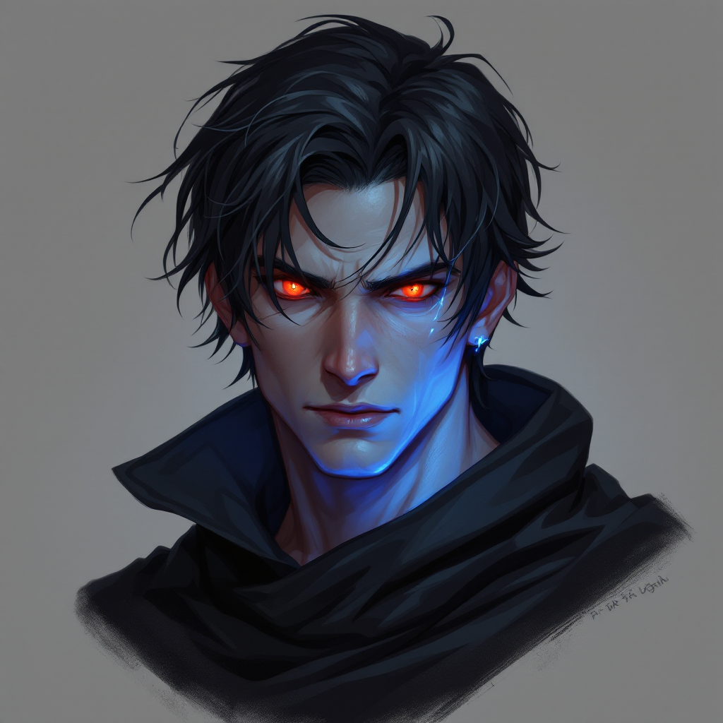 Dungeons and dragons character concept portrait. Male Rogue, Human race, Normal human anatomy and human face, non-fantasy features. Humans have strong jawline and rounded face features, with rounded eyes RED piercing EYES with black robe with black hair with blue glow, , dnd anime character portrait, dnd anime character, highly detailed, high quality anime character