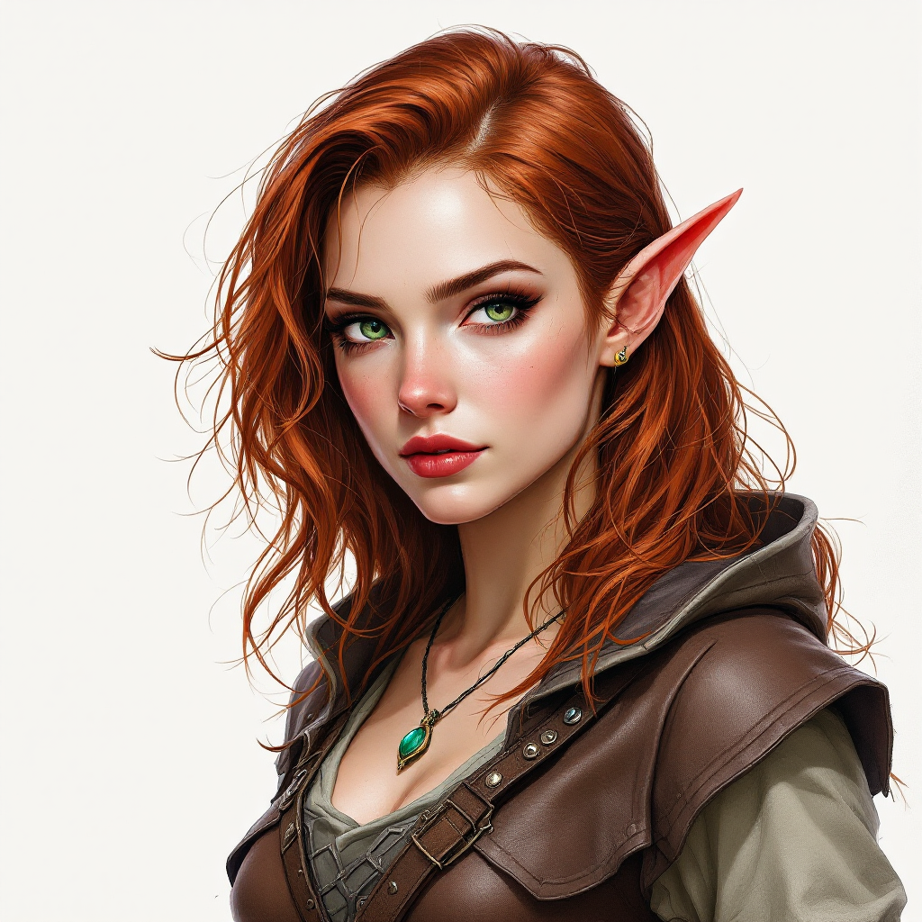 Dungeons and dragons character concept portrait. Female Ranger, Half-Elf race, The half-elf is a tall, slender figure. They have a graceful appearance with high cheekbones. Their eyes are typically vibrant and round like human eyes 23 years old. Eyes are bright green with flecks of gold. Skin is pale, silver-white. Hair is dark red, wavy and shiny. Leather ranger armor. Wears a small green amulet necklace., , dnd hand drawing, dnd drawing portrait, dnd character drawing, highly detailed hand drawing, high quality character drawing, colored drawing, colorful drawing, light background, solid background