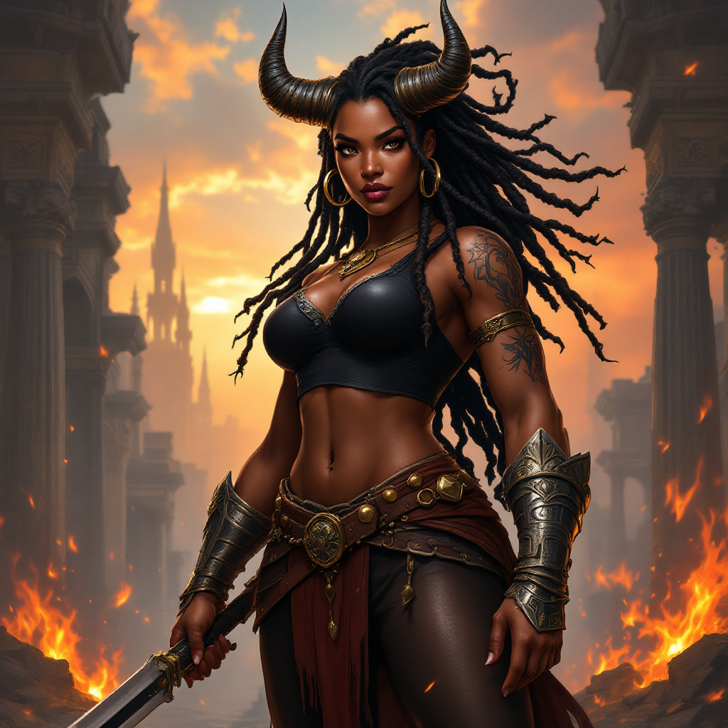 Dungeons and dragons character concept portrait. Female Barbarian, Human race, Normal human anatomy and human face, non-fantasy features. Humans have strong jawline and rounded face features, with rounded eyes A powerful and curvaceous dark-skinned woman with dark dreadlocks adorned with metal accents and large curved horns, stands confidently. Her age appears to be mid-20s, exhibiting a strong, muscular physique with intricate tribal tattoos. She wears a black crop top and dark pants, a brown leather belt, and metallic arm armor. Her face features prominent cheekbones, dark eyes, and a determined expression. Gold hoop earrings and a decorative necklace further enhance her appearance. The setting is a detailed architectural background, with a warm, orange-toned sky suggesting either sunrise or sunset. Fiery flames flicker in the foreground, adding a touch of danger and dynamism. The overall composition is a mix of fantasy and heroic elements, with a dynamic perspective and a focus on detail, evoking a sense of strength and adventure. The art style could be described as a combination of fantasy illustration and anime-inspired design, creating a vivid and compelling aesthetic., , dnd comics character drawing, dnd comics character, 2d comics drawing, marvel comics style character, dc comics style character