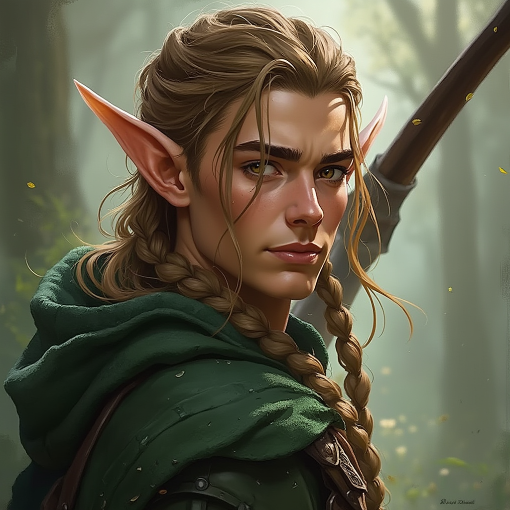 Dungeons and dragons character concept portrait. Male Ranger, Half-Elf race, The half-elf is a tall, slender figure. They have a graceful appearance with high cheekbones. Their eyes are typically vibrant and round like human eyes a half-elf ranger with warm green-brown hazel eyes and golden hair worn in complex braids. androgynous features that look feminine. smiles a lot, and isn't very handsome., , dnd photography, dnd live action, realistic dnd portrait, medium shot portrait, highly detailed, dynamic shot, 4k photo