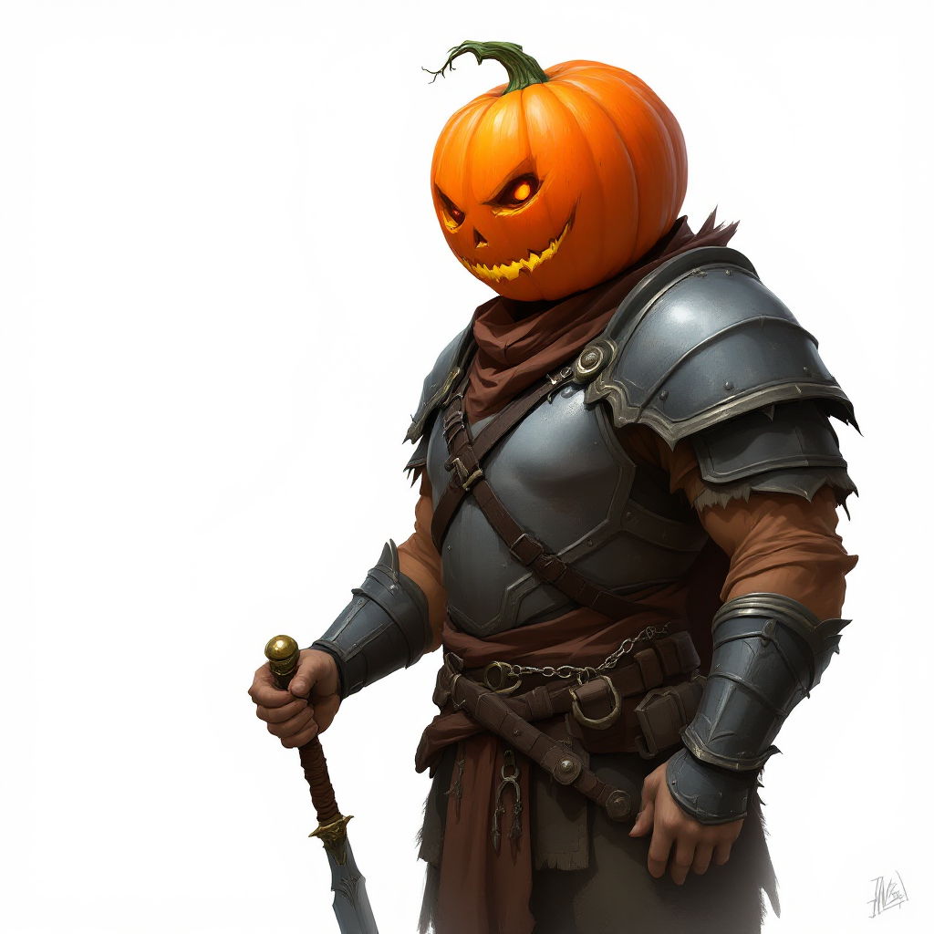 Dungeons and dragons character concept portrait. Male Fighter, Human race, Normal human anatomy and human face, non-fantasy features. Humans have strong jawline and rounded face features, with rounded eyes harvester farmer with a pumpkin for a head with armor and sword and is tall, , intricate, elegant, highly detailed, digital painting, artstation, concept art, smooth, sharp focus, illustration, art by stable diffusion ai's favorite artists