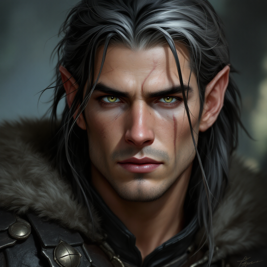 Dungeons and dragons character concept portrait. Male Fighter, Elf race, The elf is a slender, athletic figure, standing about the same height as a human. Elves have bright eyes. Elves have angular features and angular eyes. Their hair long with loose hairstyle mid-fifties. Silver-streaked dark hair, a scar across his chin from the war. He wears plain dark armour with no court markings, , intricate, elegant, highly detailed, digital painting, artstation, concept art, smooth, sharp focus, illustration, art by stable diffusion ai's favorite artists