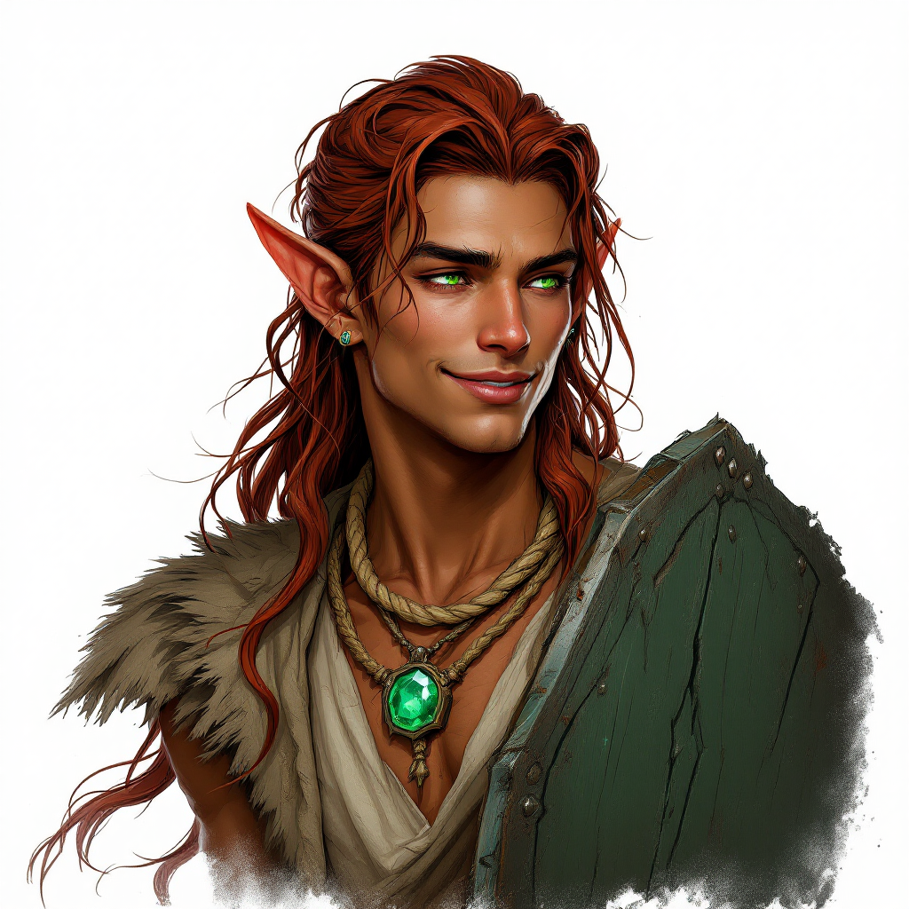Dungeons and dragons character concept portrait. Male Druid, Elf race, The elf is a slender, athletic figure, standing about the same height as a human. Elves have bright eyes. Elves have angular features and angular eyes. Their hair long with loose hairstyle Age appears 20 years old. Circle of spores Druid, dark chocolate skin and green eyes. Clean shaven. Half-up half-down hairstyle, top section gathered loosely at the crown, rest of hair falling in loose waves past the shoulders, dark crimson color. Wears an old emerald amulet on a rope necklace. Has a dark green wooden shield on his back. Expression is a peaceful smile, eyes appear joyful., , dnd hand drawing, dnd drawing portrait, dnd character drawing, highly detailed hand drawing, high quality character drawing, colored drawing, colorful drawing, light background, solid background