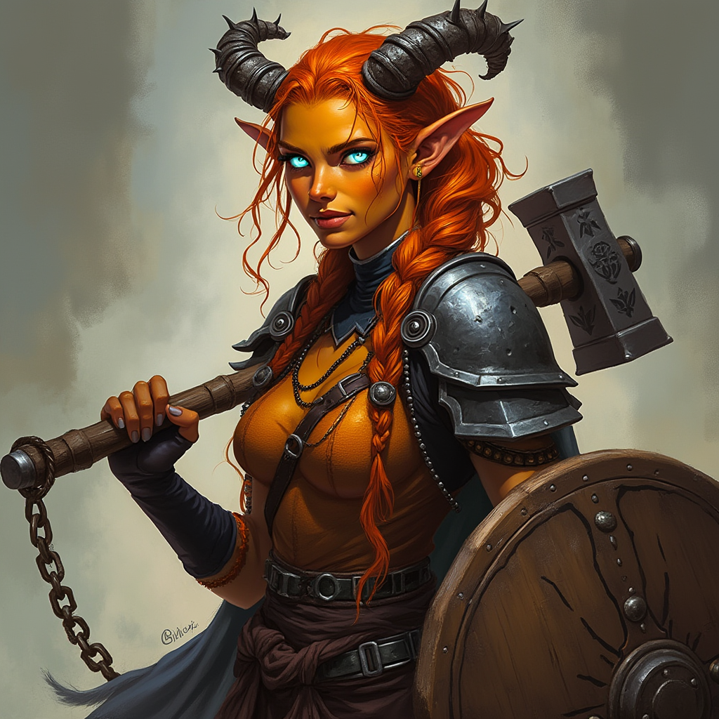 Dungeons and dragons character concept portrait. Female Paladin, Tiefling race, The tiefling is a tall and striking figure with a lean and muscular build. Sharp horns that grow amidst the hairline. Tieflings have glowing eyes which give them an otherworldly appearance. Tieflings favor bold clothing incorporating dark colors and intricate patterns Tiefling female, orange-gold skin,  fire red wavy hair tied up in messy braids, bright blue-white fiery eyes, multi-tipped antler-like natural horns grow from her head, carries a large hammer, muscular and stocky, dressed simply as a blacksmith in chain maille, friendly smile, a carved wooden shield, , intricate, elegant, highly detailed, digital painting, artstation, concept art, smooth, sharp focus, illustration, art by stable diffusion ai's favorite artists