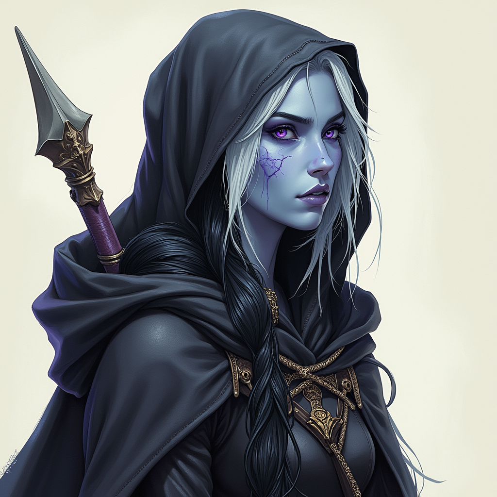 Dungeons and dragons character concept portrait. Female Ranger, Drow race, The drow, or dark elf, is a slender figure, with dark gray to nearly black skin. Their hair is stark white or pale silver, contrasting sharply with their skin. Drow have sharp, angular features, and vibrant eyes and angular eyes. They wear dark, elegant clothing with intricate details reflecting their underground and mysterious origins female 27 year old drow ranger scar on the face, with blue skin, with dark purple eyes, with black hair in low buns at the base of the neck, wearing a hood, , dnd hand drawing, dnd drawing portrait, dnd character drawing, highly detailed hand drawing, high quality character drawing, colored drawing, colorful drawing, light background, solid background