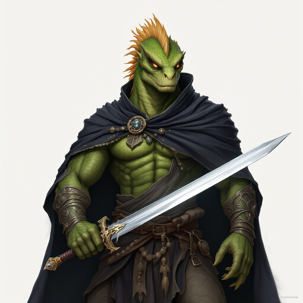 Dungeons and dragons character concept portrait. Male Fighter, Dragonborn race, The dragonborn is a tall and muscular humanoid, covered in fine, leather scales with larger scales on their forearms, legs, shoulders, and thighs. They have clawed hands and feet with three fingers and a thumb. Their face has a blunt snout, strong brow, and frills near the cheeks and ears. A crest of horn-like scales runs down the back of their head, resembling thick, ropy hair. Their eyes are red or gold He has the appearance of a green chameleon Lizard-folk. He wears the Cloak of Arachnida: A fine garment made of black silk interwoven with faint silvery threads, and under the cloak he wears common clothes . He is wielding A Sun Blade: a sword with a silver hilt and a blade of pure golden-white radiance that is thin as a wire. He has green eyes and a 1 single horn centered on his forehead., with green skin, , tech dnd character portrait, dnd tech character, highly detailed, high quality tech character, with technology elements, sci-fi dnd character