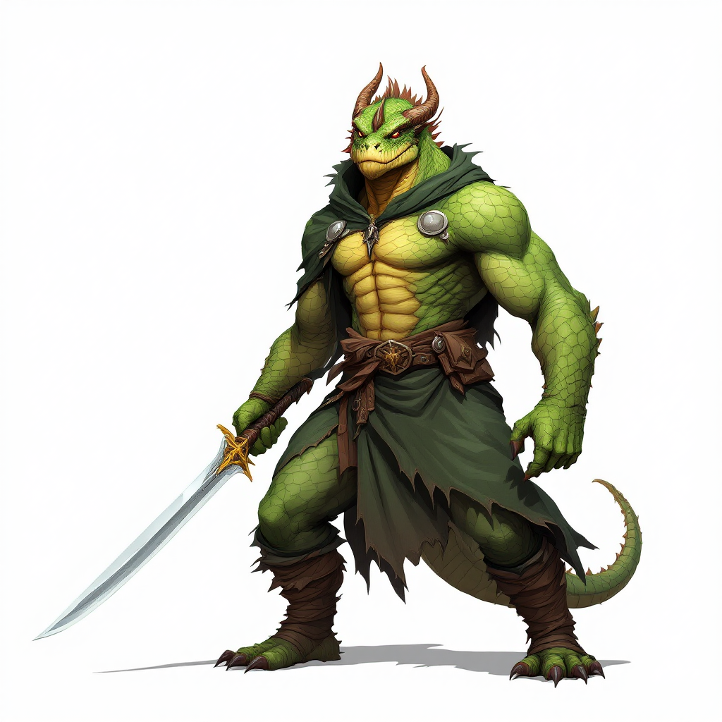 Dungeons and dragons character concept portrait. Male Fighter, Dragonborn race, The dragonborn is a tall and muscular humanoid, covered in fine, leather scales with larger scales on their forearms, legs, shoulders, and thighs. They have clawed hands and feet with three fingers and a thumb. Their face has a blunt snout, strong brow, and frills near the cheeks and ears. A crest of horn-like scales runs down the back of their head, resembling thick, ropy hair. Their eyes are red or gold He has the appearance of a green chameleon Lizard-folk. He wears the Cloak of Arachnida: A fine garment made of black silk interwoven with faint silvery threads, and under the cloak he wears common clothes . He is wielding A Sun Blade: a sword with a silver hilt and a blade of pure golden-white radiance that is thin as a wire. He has green eyes and a 1 single horn centered on his forehead., , tech dnd character portrait, dnd tech character, highly detailed, high quality tech character, with technology elements, sci-fi dnd character