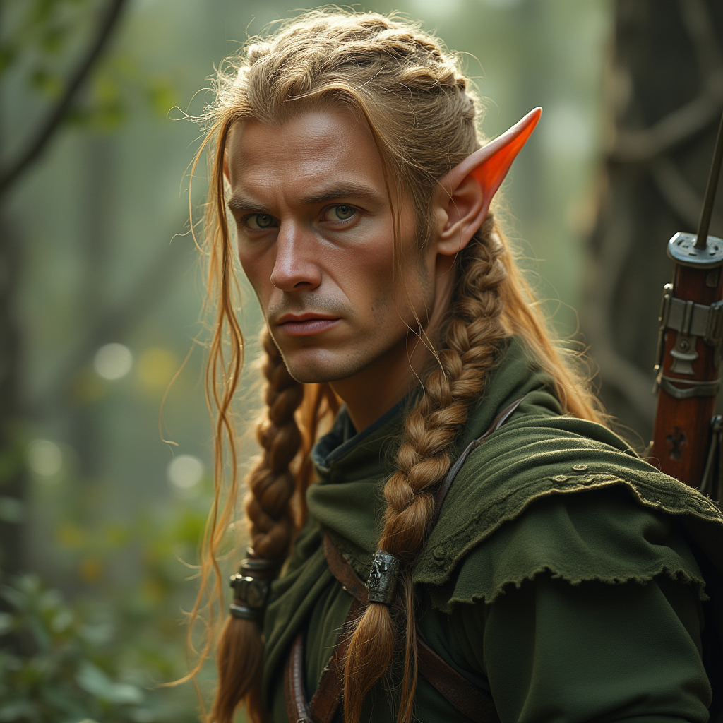 Dungeons and dragons character concept portrait. Male Ranger, Elf race, The elf is a slender, athletic figure, standing about the same height as a human. Elves have bright eyes. Elves have angular features and angular eyes. Their hair long with loose hairstyle Ceridwen, 240 years old, a middle-aged elven ranger with warm green-brown hazel eyes and golden hair worn in complex braids. androgynous features that look feminine. Happy and charismatic., , dnd photography, dnd live action, realistic dnd portrait, medium shot portrait, highly detailed, dynamic shot, 4k photo