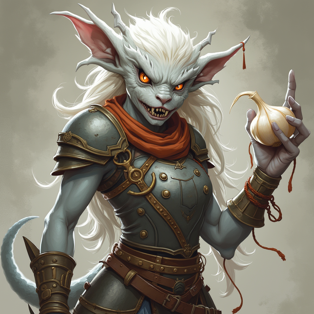 The DnD Monster is a menacing creature that represents a threat. DnD Monster. White Female monster , with chest plate apparel a piece of garlic, . Dungeons and dragons monster concept portrait, dnd cartoon character portrait, dnd cartoon character, highly detailed, high quality cartoon character