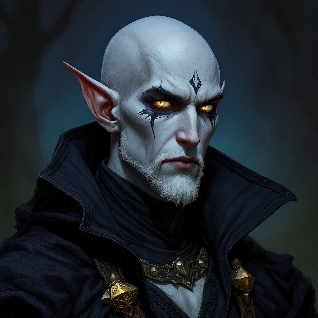 Dungeons and dragons character concept portrait. Male Warlock, Drow race, The drow, or dark elf, is a slender figure, with dark gray to nearly black skin. Their hair is stark white or pale silver, contrasting sharply with their skin. Drow have sharp, angular features, and vibrant eyes and angular eyes. They wear dark, elegant clothing with intricate details reflecting their underground and mysterious origins with grey skin, with white eyes, with a bald head, without a beard, face portrait, young adult, 28 years old, shaved face, war paint, round ears, , old school dnd portrait, old school dnd character, traditional dnd character art, dungeons and dragons traditional art, 2d character drawing, colored drawing, colorful drawing