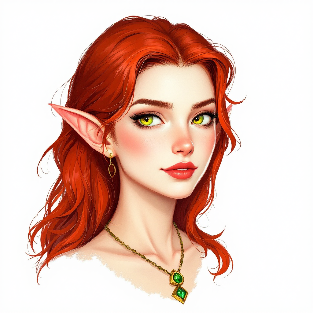 Dungeons and dragons character concept portrait. Female Ranger, Half-Elf race, The half-elf is a tall, slender figure. They have a graceful appearance with high cheekbones. Their eyes are typically vibrant and round like human eyes 23 years old. Eyes are bright green with flecks of gold. Skin is pale, silver-white. Hair is dark red, wavy and shiny. Wears a green amulet necklace., , dnd hand drawing, dnd drawing portrait, dnd character drawing, highly detailed hand drawing, high quality character drawing, colored drawing, colorful drawing, light background, solid background