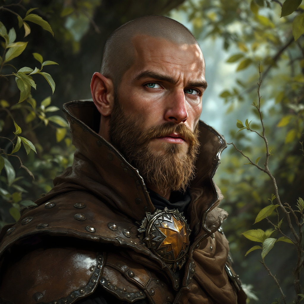 Dungeons and dragons character concept portrait. Male Cleric, Human race, Normal human anatomy and human face, non-fantasy features. Humans have strong jawline and rounded face features, with rounded eyes a human cleric of nature wearing studded leather armor in the woods, , intricate, elegant, highly detailed, digital painting, artstation, concept art, smooth, sharp focus, illustration, art by stable diffusion ai's favorite artists