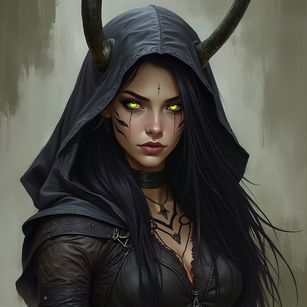 Dungeons and dragons character concept portrait. Female Rogue, Tiefling race, The tiefling is a tall and striking figure with a lean and muscular build. Sharp horns that grow amidst the hairline. Tieflings have glowing eyes which give them an otherworldly appearance. Tieflings favor bold clothing incorporating dark colors and intricate patterns black hair, green eyes, dark clothing with hood, with long hair, with tattoos on the face, , intricate, elegant, highly detailed, digital painting, artstation, concept art, smooth, sharp focus, illustration, art by stable diffusion ai's favorite artists