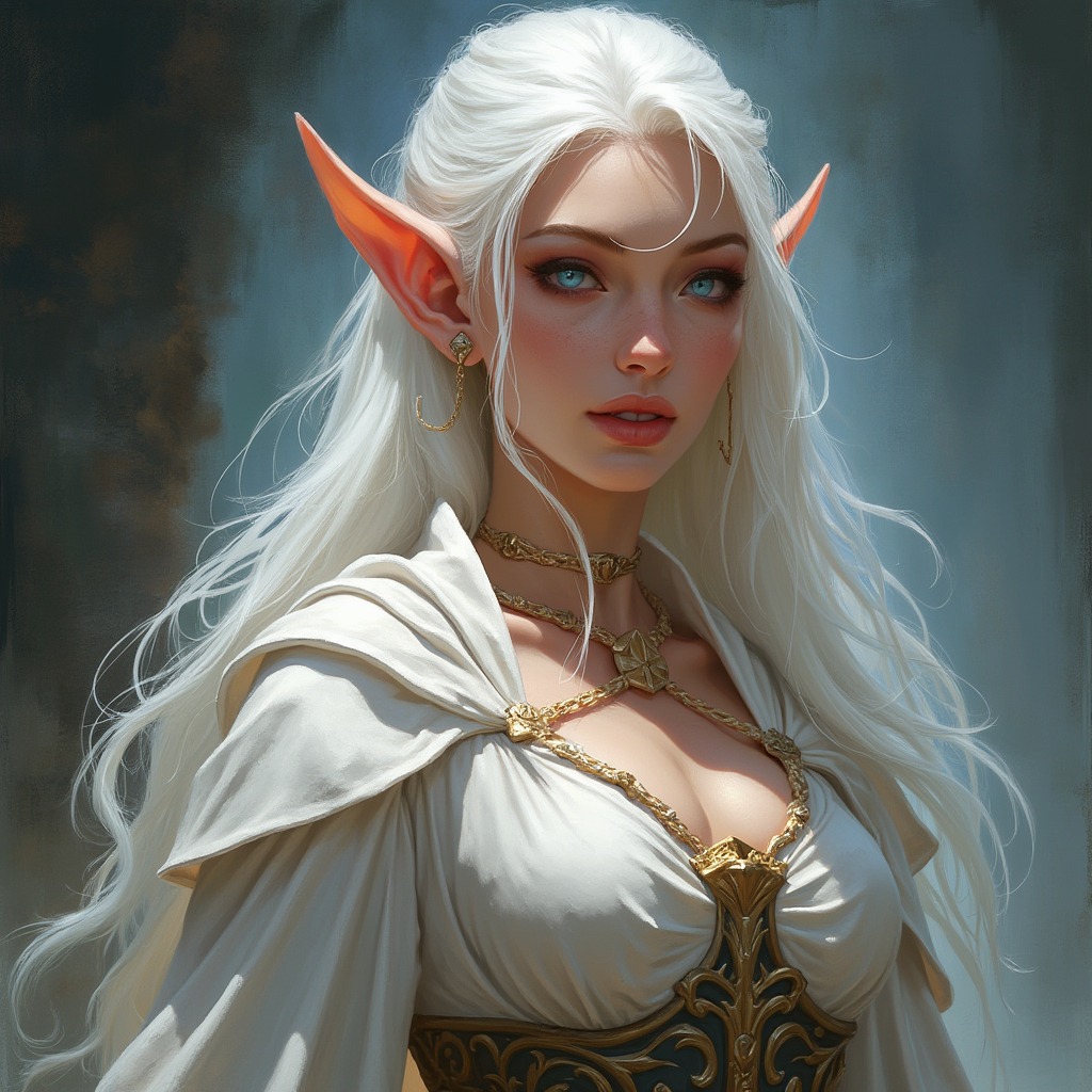 Dungeons and dragons character concept portrait. Female Cleric, Half-Elf race, The half-elf is a tall, slender figure. They have a graceful appearance with high cheekbones. Their eyes are typically vibrant and round like human eyes Half elf cleric with white blonde hair, tall, large breasts, human passing, with long hair, with ice blue eyes, , intricate, elegant, highly detailed, digital painting, artstation, concept art, smooth, sharp focus, illustration, art by stable diffusion ai's favorite artists
