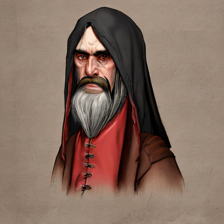 Dungeons and dragons character concept portrait. Male Dwarf race, Evil tendencies, Bandit profession, wearing a black hood, bandit clothes, black and red clothes, Working Class social class,  with long hair, with long beard,  front-facing portrait, medium shot, intricate, elegant, highly detailed, digital painting, artstation, concept art, smooth, sharp focus, illustration, art by stable diffusion ai's favorite artists