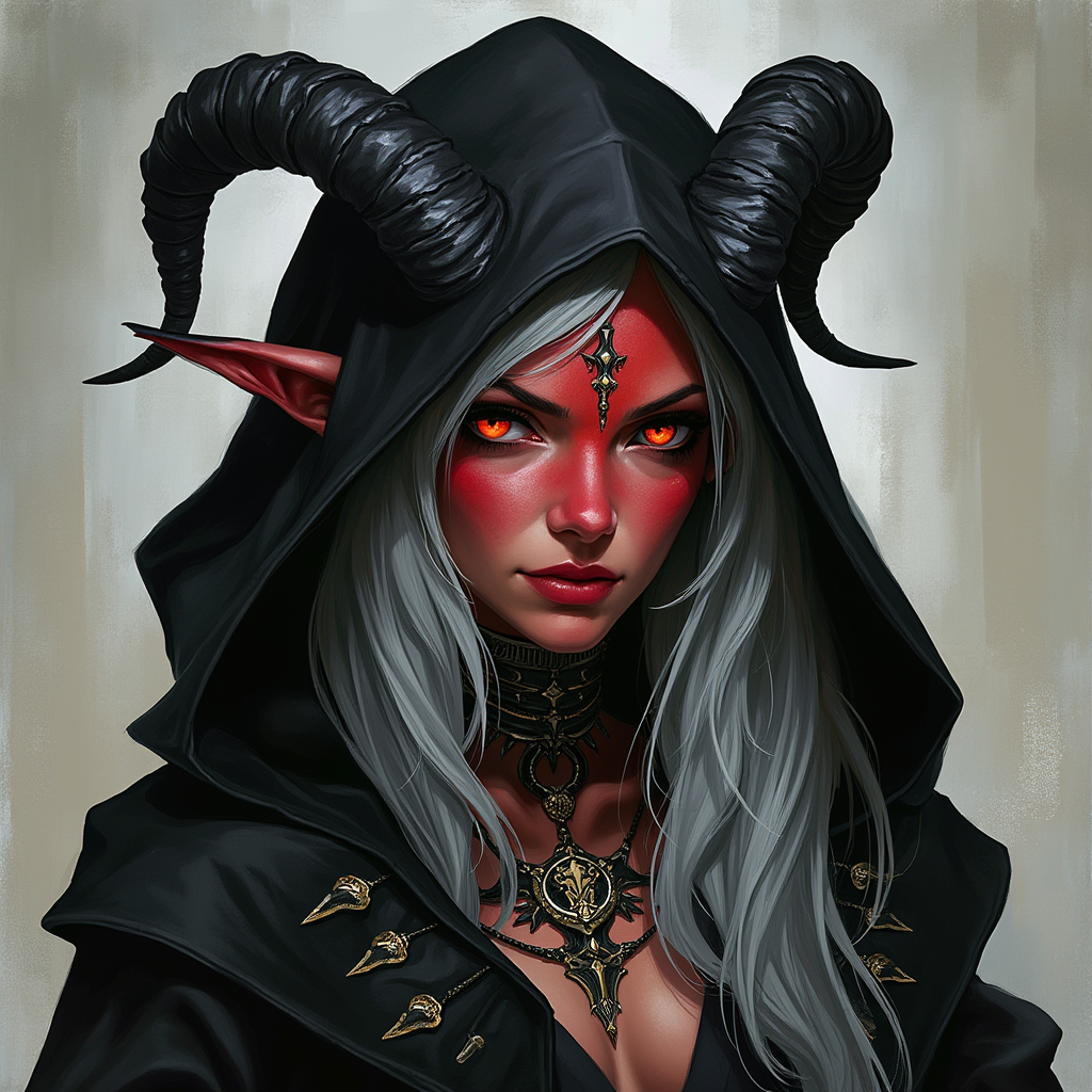 Dungeons and dragons character concept portrait. Female Warlock, Tiefling race, The tiefling is a tall and striking figure with a lean and muscular build. Sharp horns that grow amidst the hairline. Tieflings have glowing eyes which give them an otherworldly appearance. Tieflings favor bold clothing incorporating dark colors and intricate patterns girl, grey hair, black eyes, wearing black hood, long crooked ears, black horns, red skin , , intricate, elegant, highly detailed, digital painting, artstation, concept art, smooth, sharp focus, illustration, art by stable diffusion ai's favorite artists