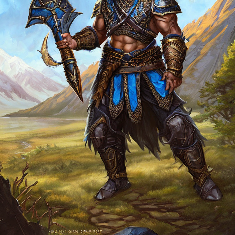 Brown scale, dragonborn race, dragon-skin, dragon-face, dragon-nose, dragon-ears, dragon-humanoid, a human with a dragon-head, upper body, d & d, fantasy, Blue dragonborn barbarian holding a greataxe in an open woodland area, spikes,  intricate, elegant, highly detailed, digital painting, artstation, concept art, smooth, sharp focus, illustration, art by stable diffusion ai's favorite artists