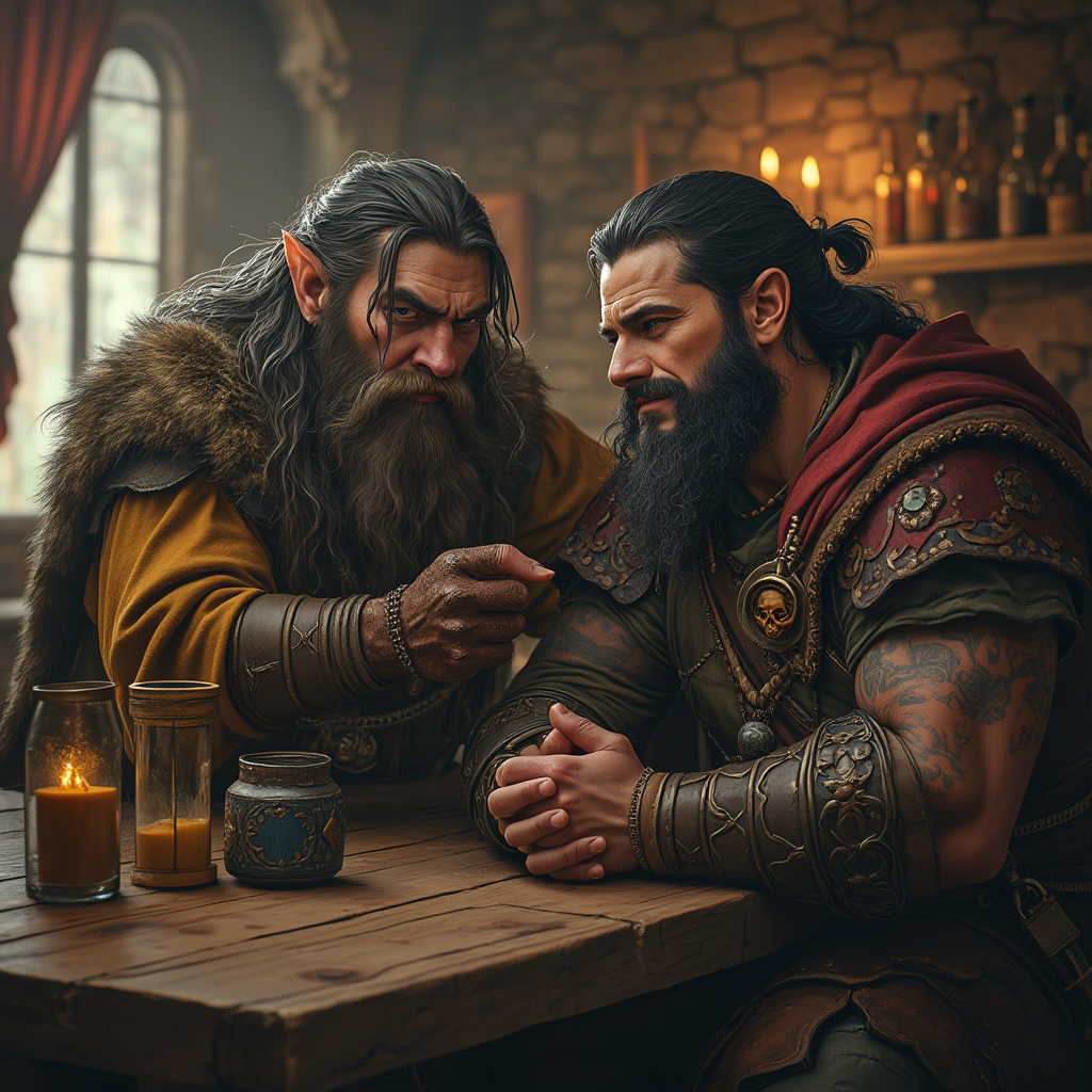 Dungeons and dragons character concept portrait. Male Fighter, Dwarf race, The dwarf is a short and broad figure. Dwarves have long hair. Dwarves have rounded face features. Their clothing and gear are decorated with bold geometric designs, gems, and ancestral faces A dark haired male elf in a tavern with a dwarf realistic, , dnd photography, dnd live action, realistic dnd portrait, medium shot portrait, highly detailed, dynamic shot, 4k photo