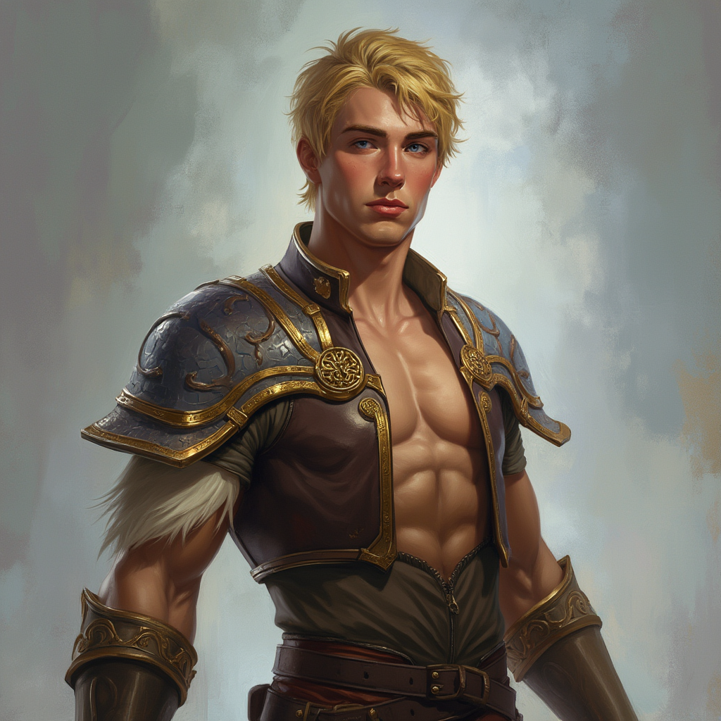 Dungeons and dragons character concept portrait. Male Fighter, Human race, Normal human anatomy and human face, non-fantasy features. Humans have strong jawline and rounded face features, with rounded eyes short blonde hair young muscley broad thick neck blue eyes, , intricate, elegant, highly detailed, digital painting, artstation, concept art, smooth, sharp focus, illustration, art by stable diffusion ai's favorite artists