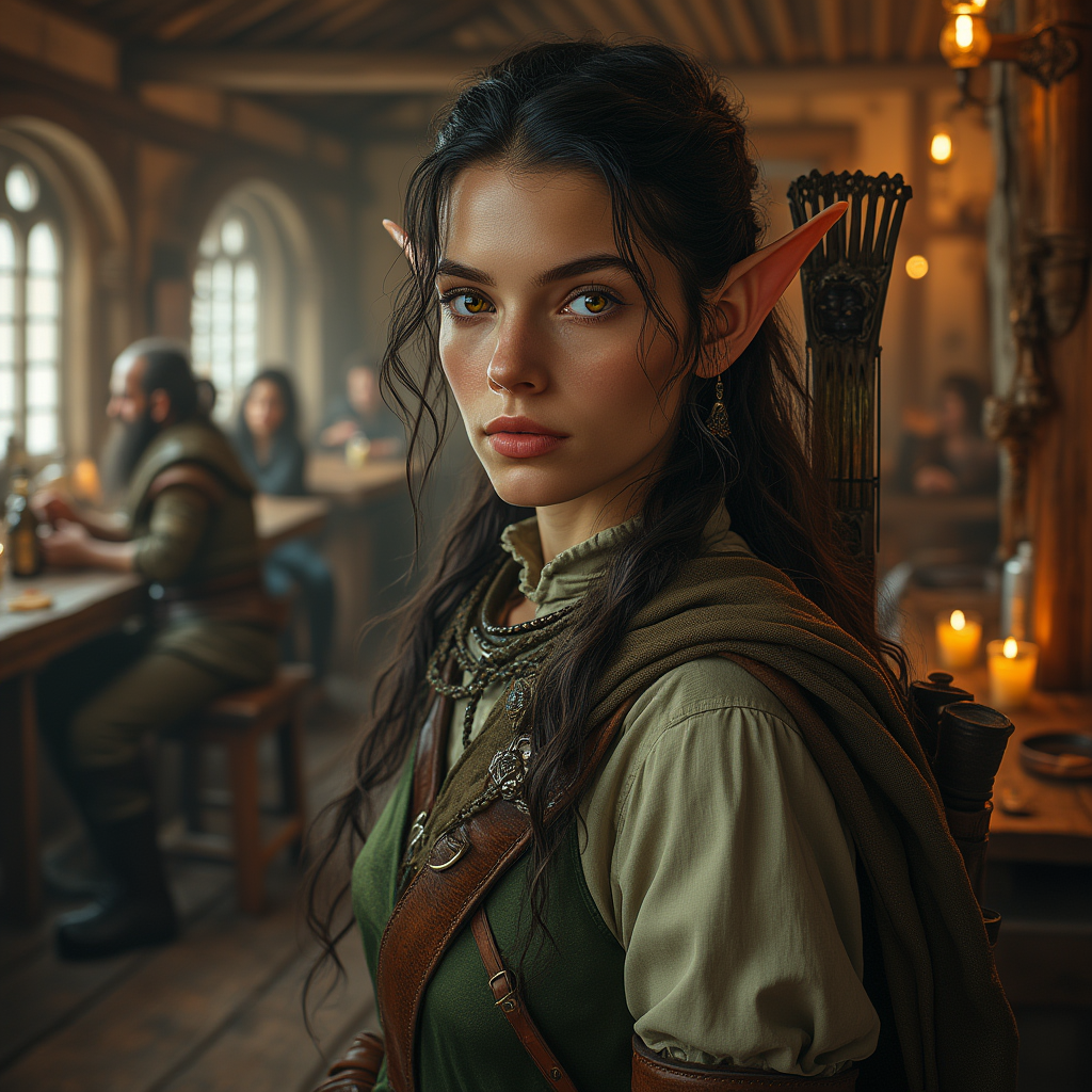 Dungeons and dragons character concept portrait. Female Ranger, Elf race, The elf is a slender, athletic figure, standing about the same height as a human. Elves have bright eyes. Elves have angular features and angular eyes. Their hair long with loose hairstyle A dark haired male elf in a tavern with a dwarf realistic, , dnd photography, dnd live action, realistic dnd portrait, medium shot portrait, highly detailed, dynamic shot, 4k photo
