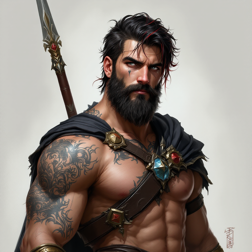 Dungeons and dragons character concept portrait. Male Fighter, Human race, Normal human anatomy and human face, non-fantasy features. Humans have strong jawline and rounded face features, with rounded eyes with short hair, with long beard, with black and red hair, with gray eyes, with pale skin, young, with tattoos on the face, include torso, muscular build, with a lance, , intricate, elegant, highly detailed, digital painting, artstation, concept art, smooth, sharp focus, illustration, art by stable diffusion ai's favorite artists