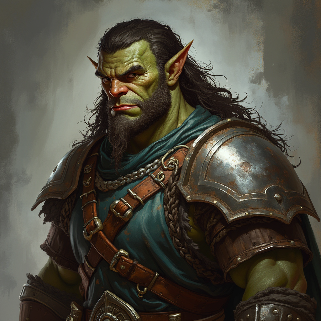 Dungeons and dragons character concept portrait. Male Paladin, Half-Orc race, The half-orc is a robust figure, with a broad and muscular build. They have greenish skin, with pronounced features such as a strong jawline, large tusks protruding from their lower lip, and a prominent brow. Half-orcs have coarse, dark hair. Half-orcs wear rugged, practical clothing suited for combat or hard labor Skinny, 20 year old long ronin hair, dark red skin , , intricate, elegant, highly detailed, digital painting, artstation, concept art, smooth, sharp focus, illustration, art by stable diffusion ai's favorite artists