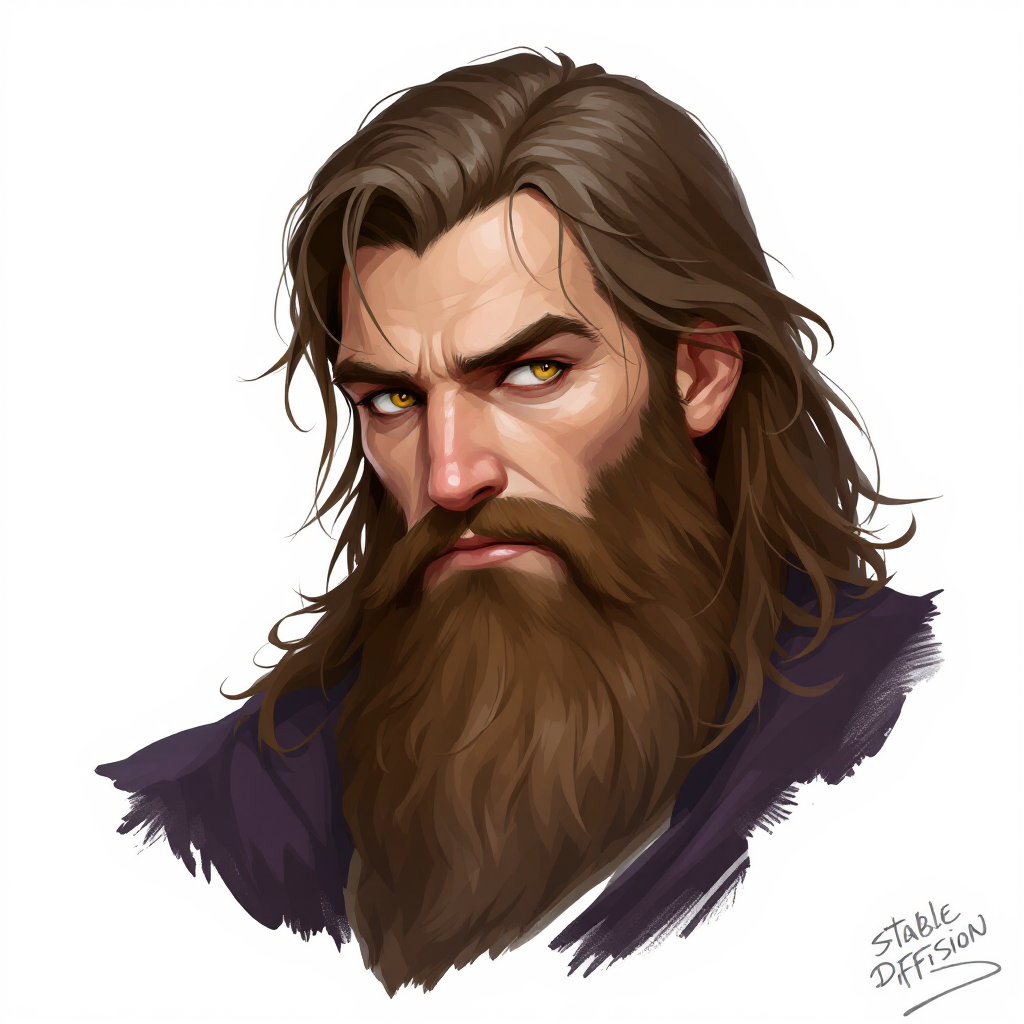 Dungeons and dragons character concept portrait. Male Wizard, Human race, Normal human anatomy and human face, non-fantasy features. Humans have strong jawline and rounded face features, with rounded eyes brown hair, sparkling eyes, pale skin, long brown beard, stern face, , intricate, elegant, highly detailed, digital painting, artstation, concept art, smooth, sharp focus, illustration, art by stable diffusion ai's favorite artists