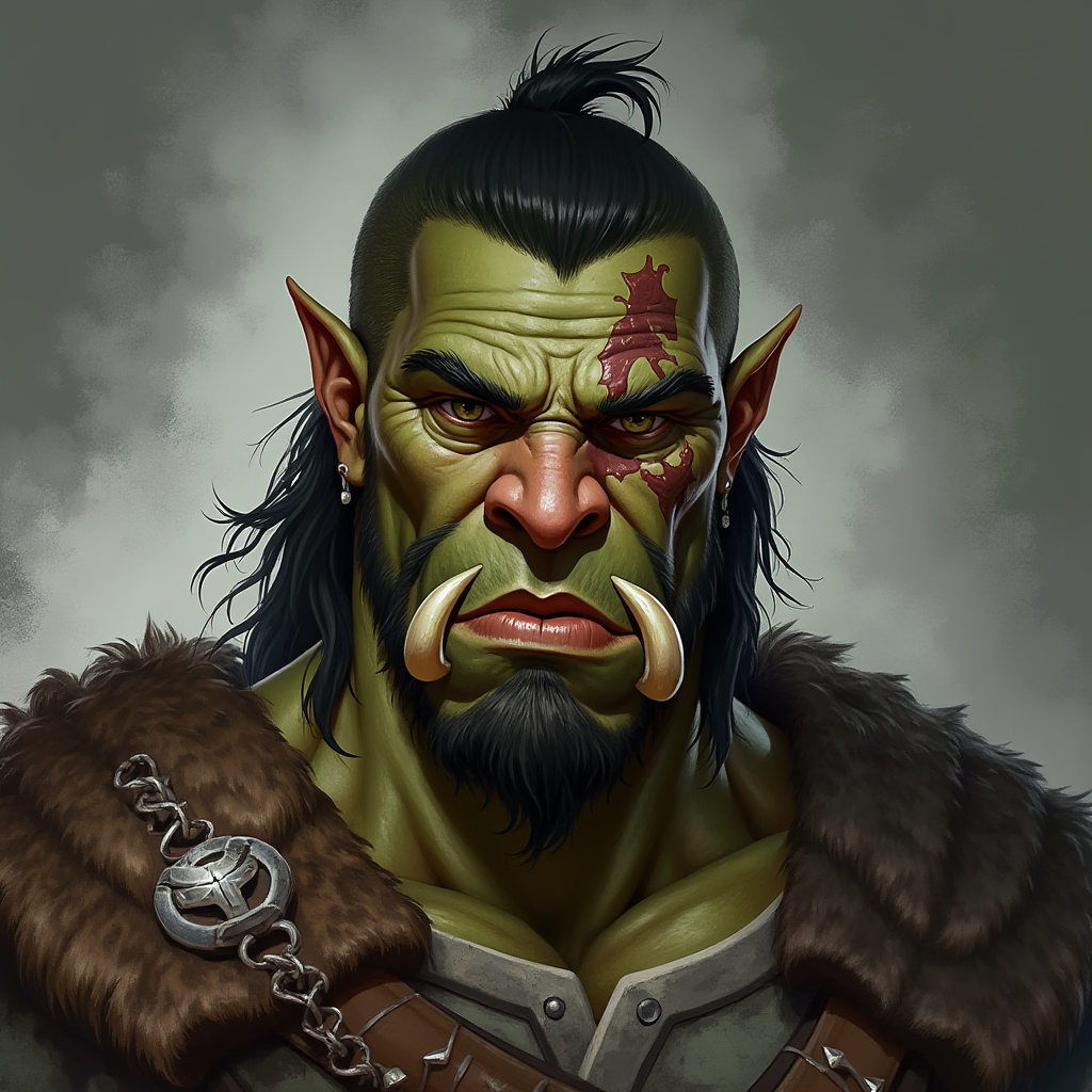 Dungeons and dragons character concept portrait. Male Barbarian, Half-Orc race, The half-orc is a robust figure, with a broad and muscular build. They have greenish skin, with pronounced features such as a strong jawline, large tusks protruding from their lower lip, and a prominent brow. Half-orcs have coarse, dark hair. Half-orcs wear rugged, practical clothing suited for combat or hard labor Menacing look with facial scars, , intricate, elegant, highly detailed, digital painting, artstation, concept art, smooth, sharp focus, illustration, art by stable diffusion ai's favorite artists