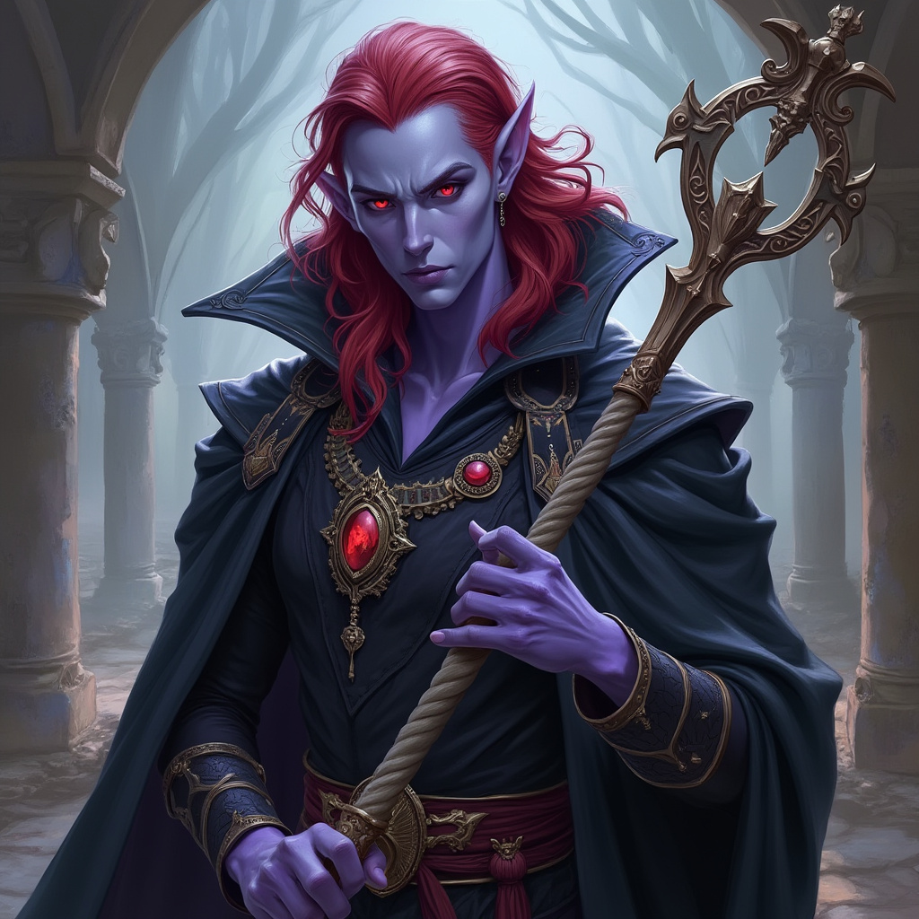 Dungeons and dragons character concept portrait. Male Sorcerer, Drow race, The drow, or dark elf, is a slender figure, with dark gray to nearly black skin. Their hair is stark white or pale silver, contrasting sharply with their skin. Drow have sharp, angular features, and vibrant eyes and angular eyes. They wear dark, elegant clothing with intricate details reflecting their underground and mysterious origins red dragon sorcerer, robe, purple skin, red hair, , , intricate, elegant, highly detailed, digital painting, artstation, concept art, smooth, sharp focus, illustration, art by stable diffusion ai's favorite artists