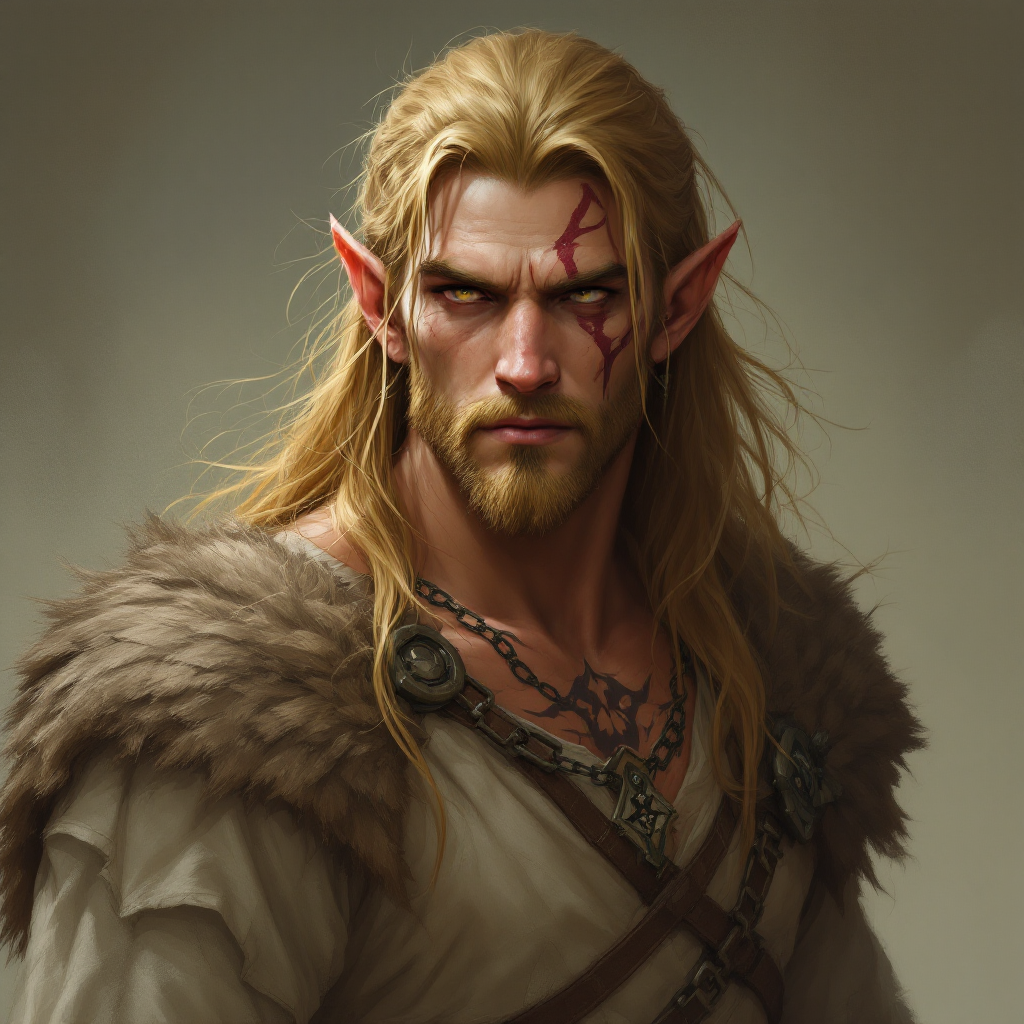 Dungeons and dragons character concept portrait. Male Barbarian, Elf race, The elf is a slender, athletic figure, standing about the same height as a human. Elves have bright eyes. Elves have angular features and angular eyes. Their hair long with loose hairstyle broad-shouldered and built for war, with golden hair that has gone unwashed, golden eyes that have gone dull. He is bound to a stone altar by runic chains that suppress his power. He is wearing what he was sleeping in when they took him: plain linen, no armour. There are dark circles under his eyes from weeks of poor sleep before the kidnapping, and the faint outlines of where his beast-form has been pushing against his skin — a scar pattern of golden fur along his collarbone and jaw that appears when his control slips., scar on the face, with tattoos on the face, with long hair, , intricate, elegant, highly detailed, digital painting, artstation, concept art, smooth, sharp focus, illustration, art by stable diffusion ai's favorite artists