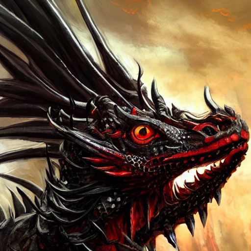 A portrait showing the  head of a dragon with Red scales, Black-eyed dragon, with long neck in the shape of an S, dragon with Black eyes, western dragon, blowing fire, with curved horns,  intricate, elegant, highly detailed, digital painting, artstation, concept art, smooth, sharp focus, illustration, epic fantasy, epic professional digital art by greg rutkowski