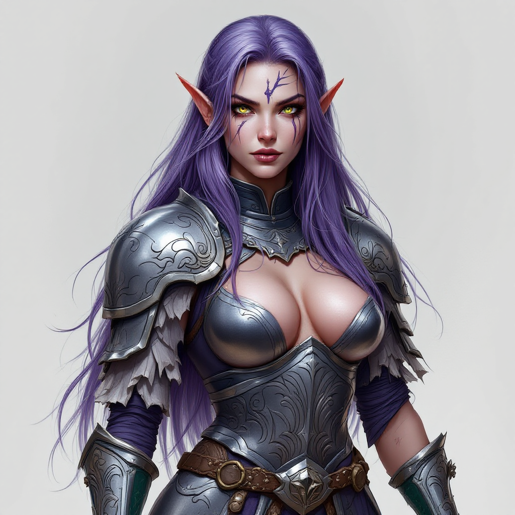 Dungeons and dragons character concept portrait. Female Barbarian, Human race, Normal human anatomy and human face, non-fantasy features. Humans have strong jawline and rounded face features, with rounded eyes Daralune Nightwhisper stands tall, her skin an ethereal shade of lavender, reflecting her eladrin elven lineage. Flowing around her shoulders, her dark violet hair transitions to silver at the tips, resembling starlit night. Her almond-shaped eyes shimmer with deep emerald hues. Her face  scarred by fire. A suit of polished silver plate armor, etched with designs of ancient woods, encases her figure. She carries two finely crafted long swords, hilts wrapped in deep green leather., , intricate, elegant, highly detailed, digital painting, artstation, concept art, smooth, sharp focus, illustration, art by stable diffusion ai's favorite artists