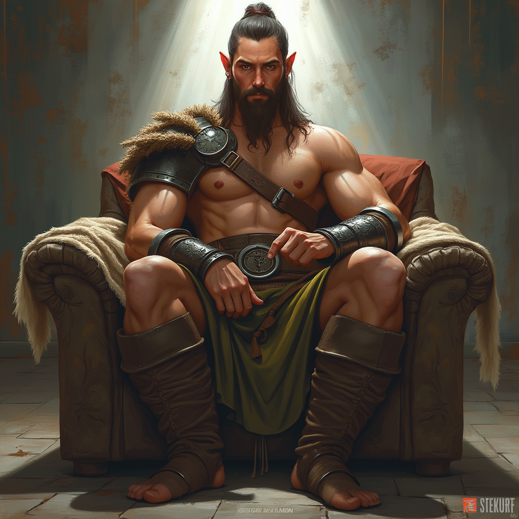Dungeons and dragons character concept portrait. Male Barbarian, Human race, Normal human anatomy and human face, non-fantasy features. Humans have strong jawline and rounded face features, with rounded eyes realistic elf,orc ,and barbarian female sat on a sofa playing video games, , intricate, elegant, highly detailed, digital painting, artstation, concept art, smooth, sharp focus, illustration, art by stable diffusion ai's favorite artists